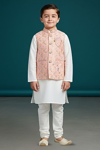 Pastel Pink Cotton Printed Nehru Jacket Set For Boys by Pooja Wang