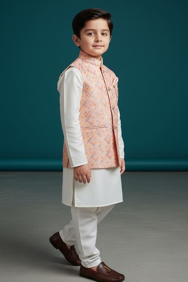 Pastel Pink Cotton Printed Nehru Jacket Set For Boys by Pooja Wang at Pernia's Pop Up Shop