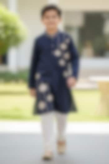 Navy Blue Cotton Leaf Embroidered Kurta Set For Boys by Pooja Wang at Pernia's Pop Up Shop