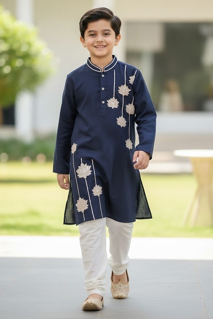 Navy Blue Cotton Leaf Embroidered Kurta Set For Boys by Pooja Wang at Pernia's Pop Up Shop