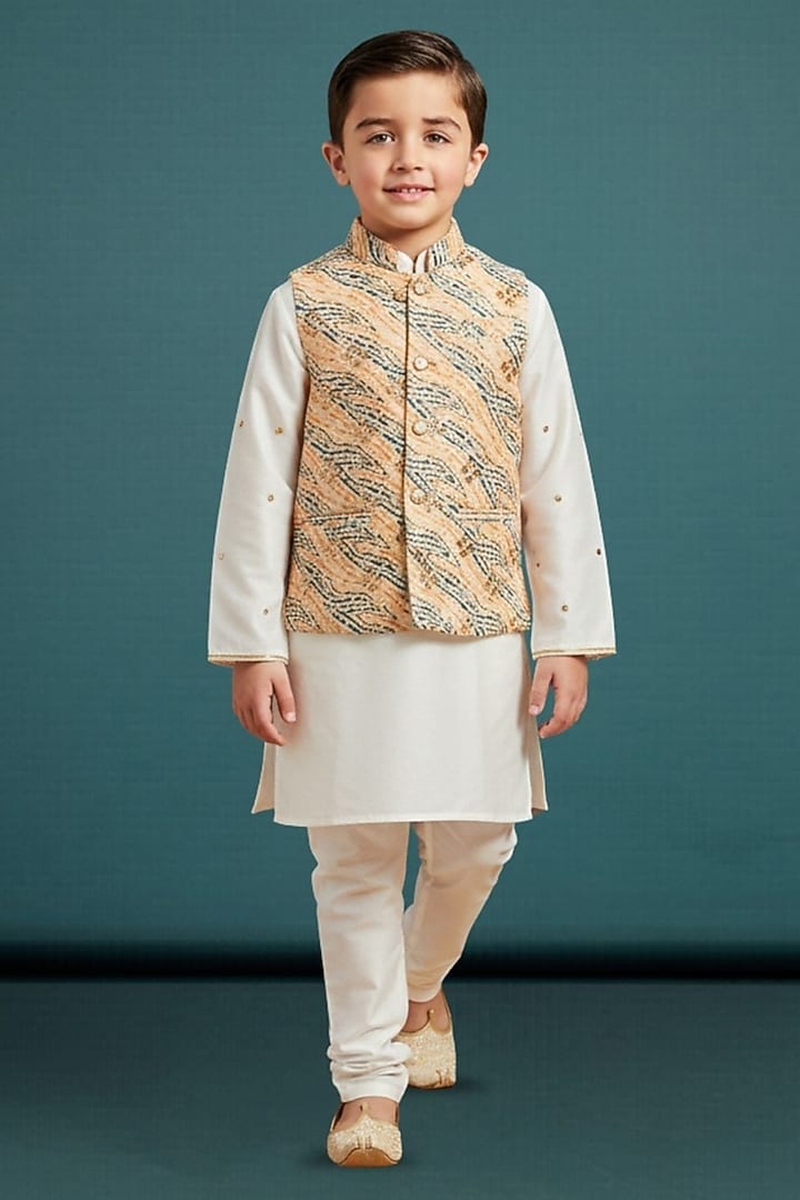 Multi-Colored Cotton Printed Nehru Jacket Set For Boys by Pooja Wang at Pernia's Pop Up Shop