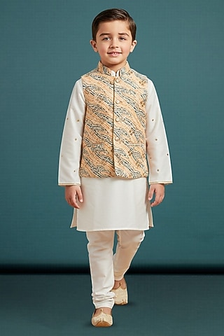 Multi-Colored Cotton Printed Nehru Jacket Set For Boys by Pooja Wang