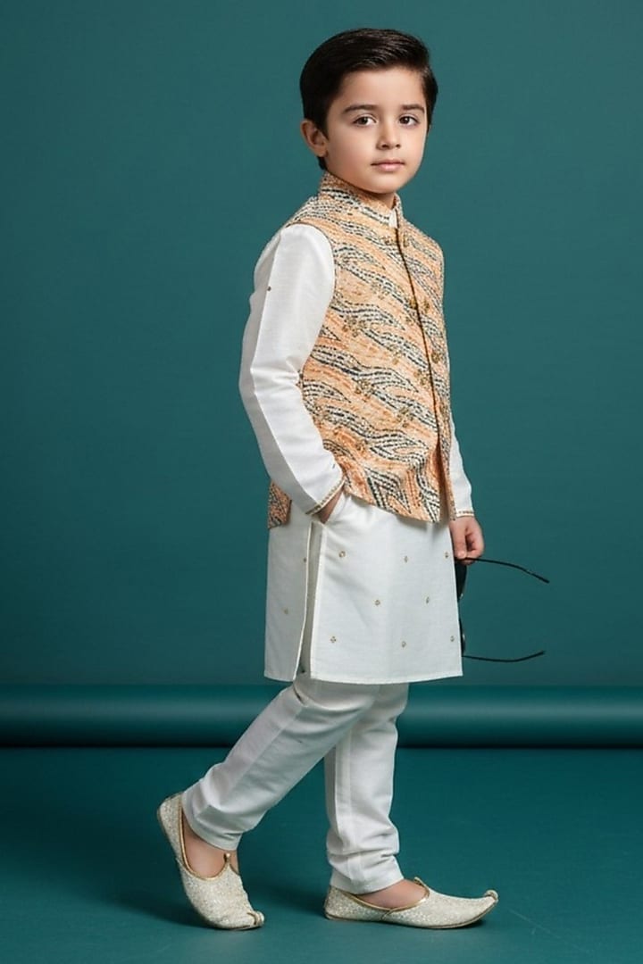 Multi-Colored Cotton Printed Nehru Jacket Set For Boys by Pooja Wang at Pernia's Pop Up Shop