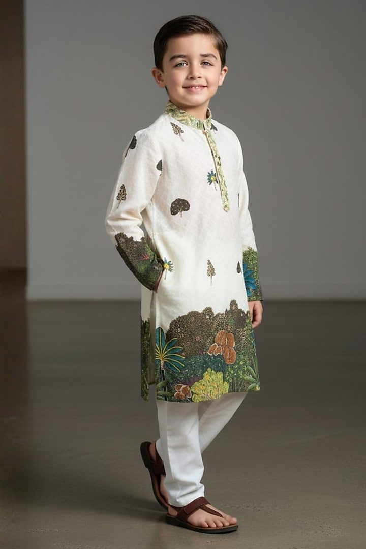 Ivory Cotton Kurta Set For Boys by Pooja Wang at Pernia's Pop Up Shop