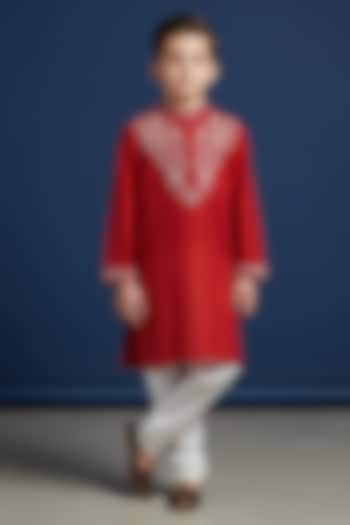Hot Pink Cotton Embroidered Kurta Set For Boys by Pooja Wang at Pernia's Pop Up Shop