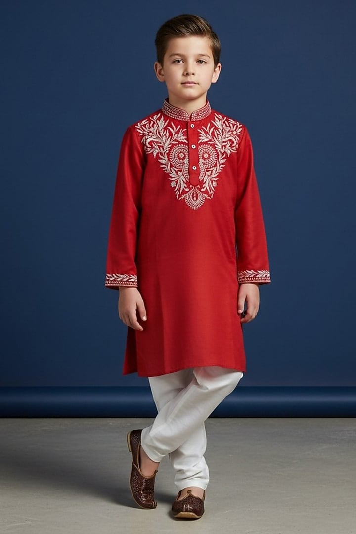 Hot Pink Cotton Embroidered Kurta Set For Boys by Pooja Wang at Pernia's Pop Up Shop