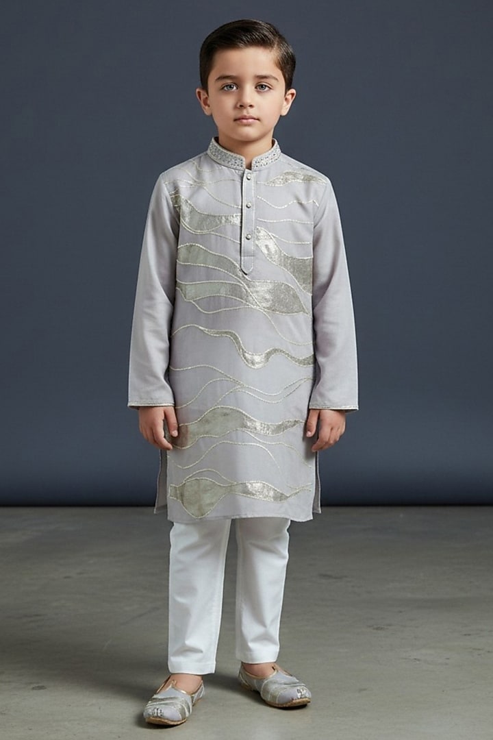 Grey Cotton Kurta Set For Boys by Pooja Wang at Pernia's Pop Up Shop