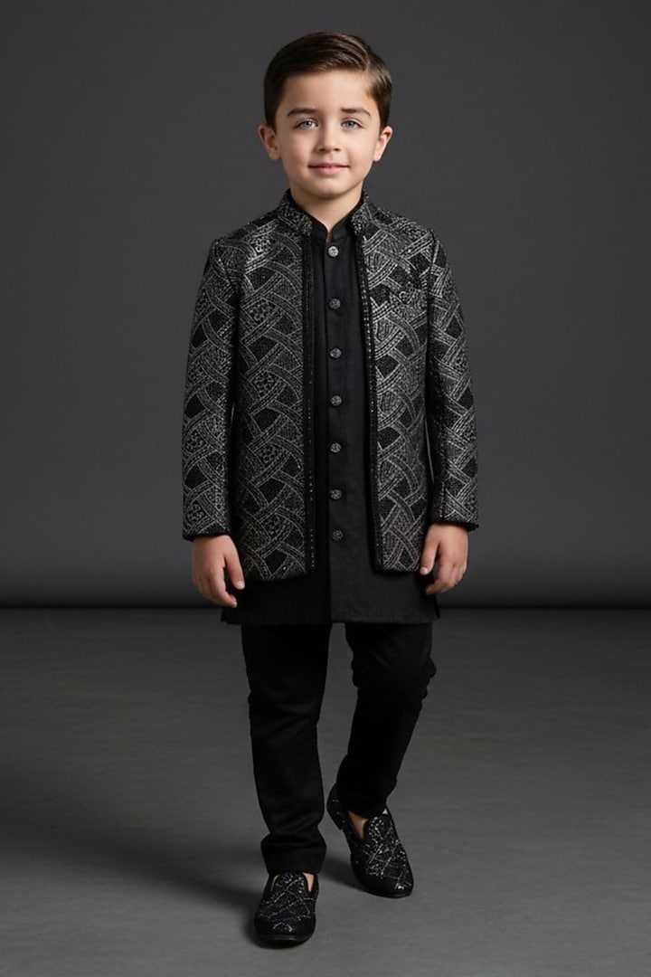 Black Cotton Embroidered Indowestern Set For Boys by Pooja Wang at Pernia's Pop Up Shop