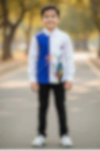 White & Blue Cotton Thread Embroidered Shirt For Boys by Pooja Wang at Pernia's Pop Up Shop