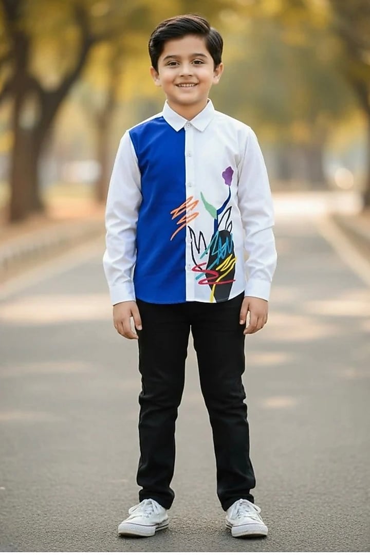 White & Blue Cotton Thread Embroidered Shirt For Boys by Pooja Wang at Pernia's Pop Up Shop