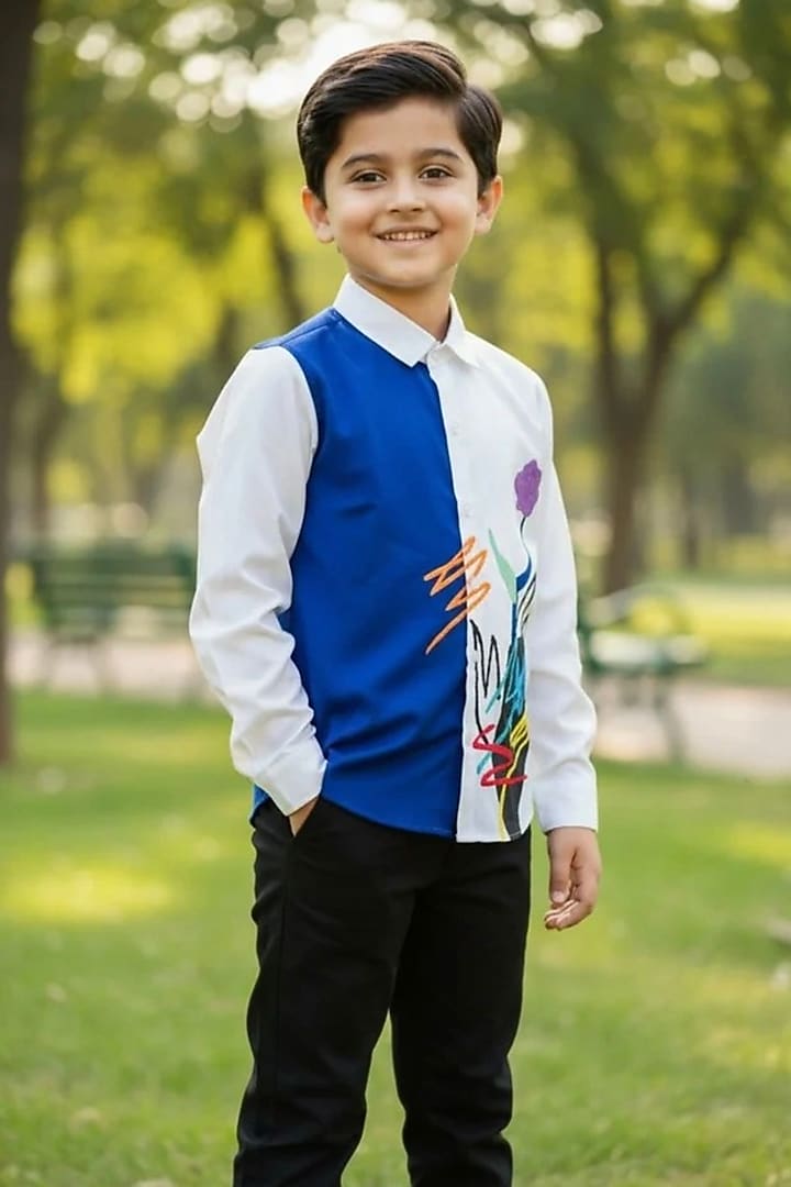 White & Blue Cotton Thread Embroidered Shirt For Boys by Pooja Wang at Pernia's Pop Up Shop