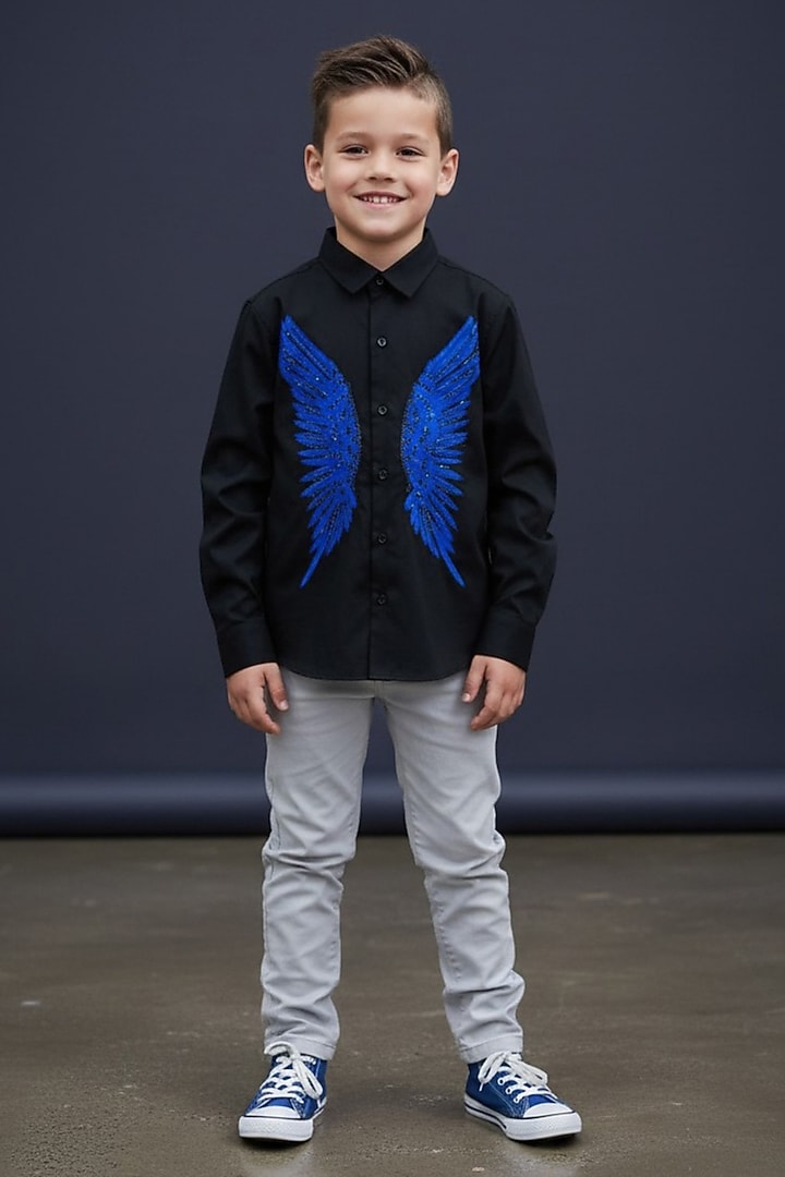 Black Cotton Embellished Shirt For Boys by Pooja Wang at Pernia's Pop Up Shop