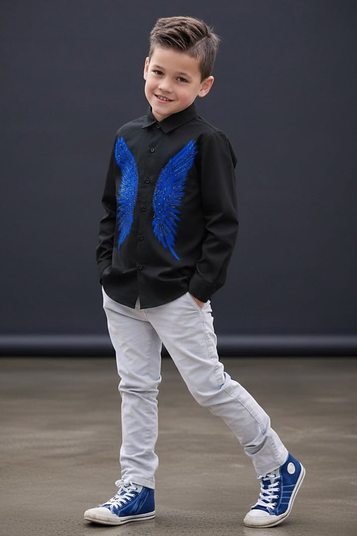 Black Cotton Embellished Shirt For Boys by Pooja Wang at Pernia's Pop Up Shop