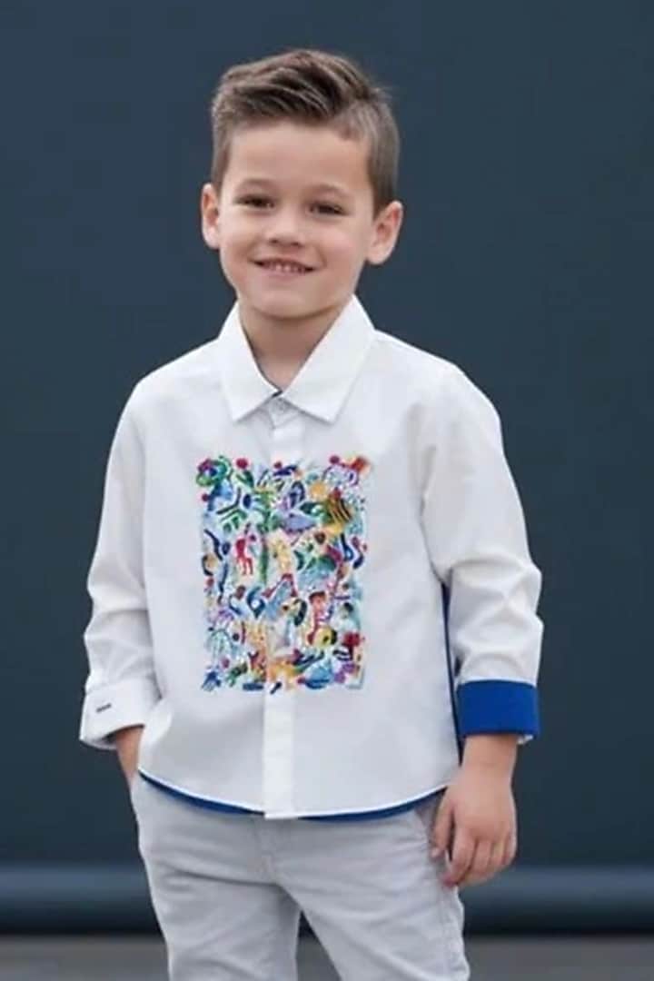 Off-White Cotton Printed Shirt For Boys by Pooja Wang at Pernia's Pop Up Shop