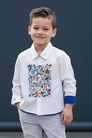 Off-White Cotton Printed Shirt For Boys by Pooja Wang
