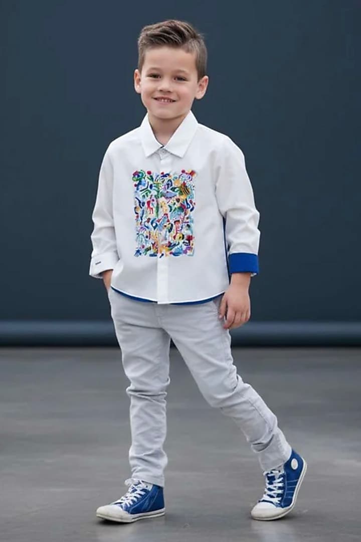 Off-White Cotton Printed Shirt For Boys by Pooja Wang at Pernia's Pop Up Shop