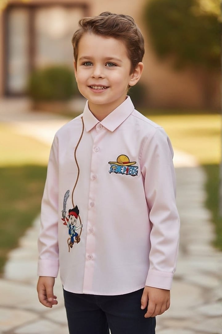 Baby Pink Cotton Embroidered Shirt For Boys by Pooja Wang at Pernia's Pop Up Shop