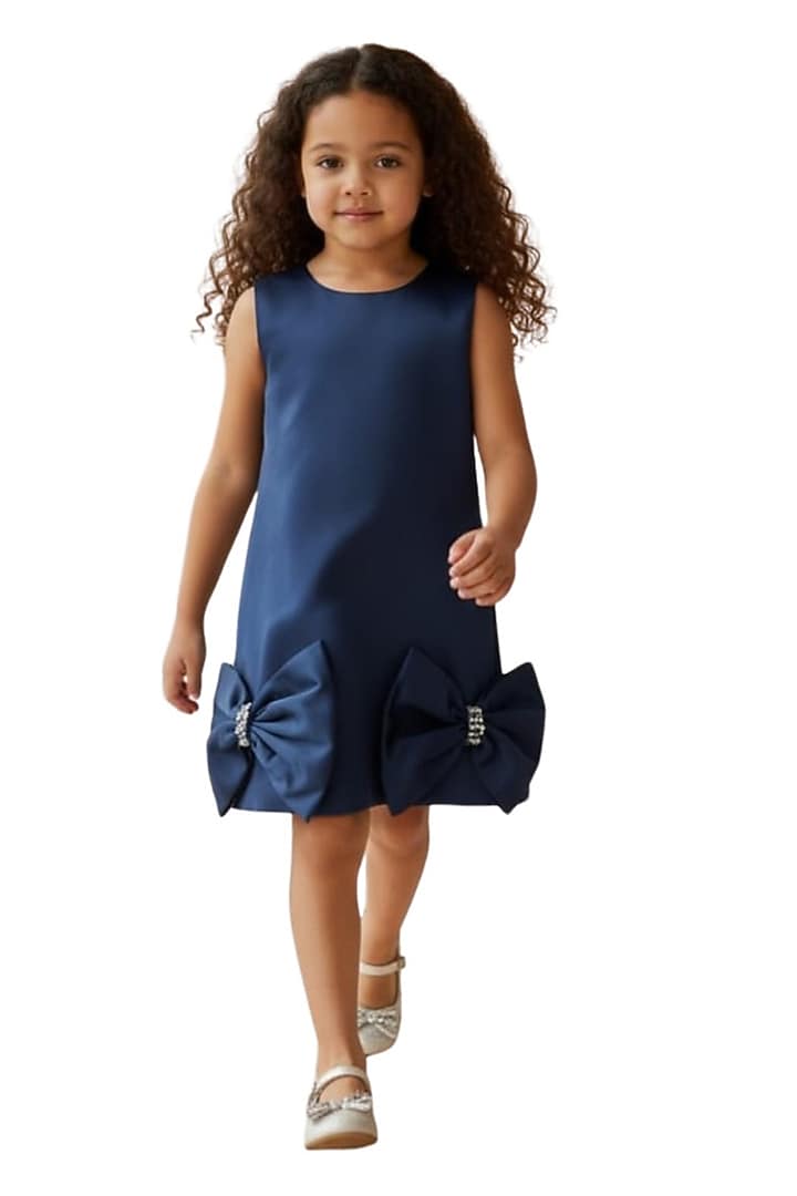 Ice Blue Dutch Satin Crystal Bow Embellished Dress For Girls by Pooja Wang at Pernia's Pop Up Shop