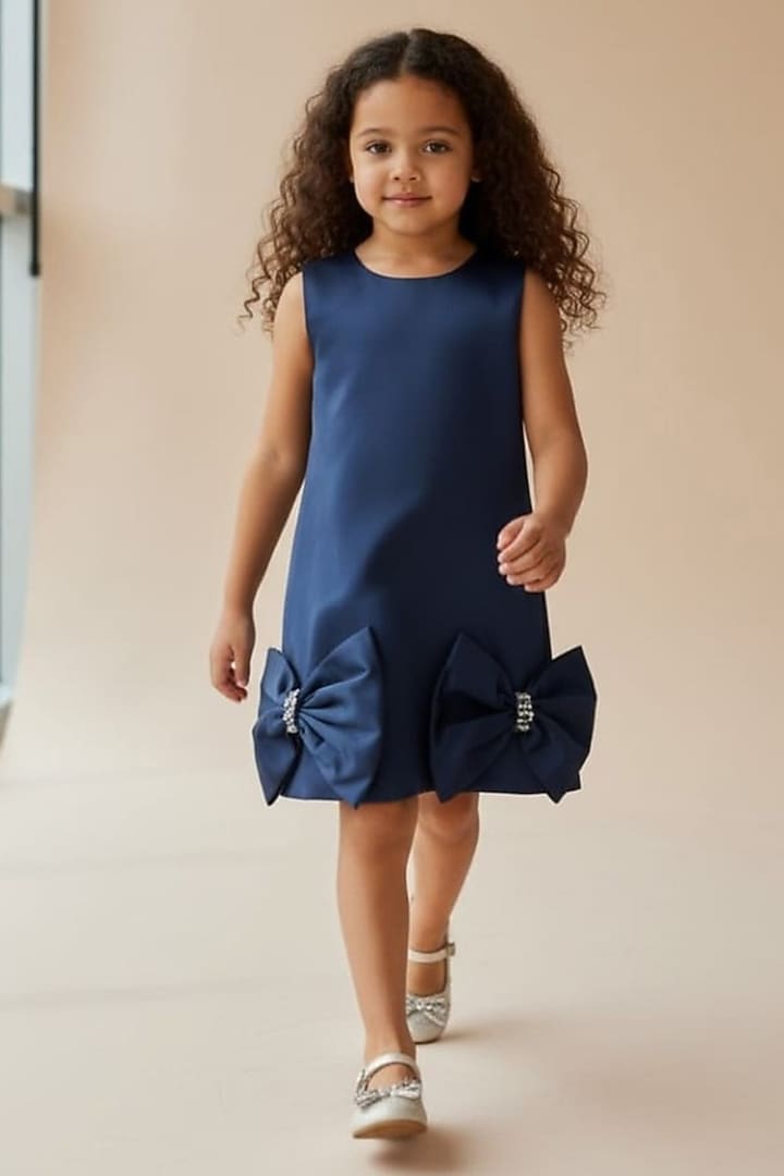 Ice Blue Dutch Satin Crystal Bow Embellished Dress For Girls by Pooja Wang at Pernia's Pop Up Shop