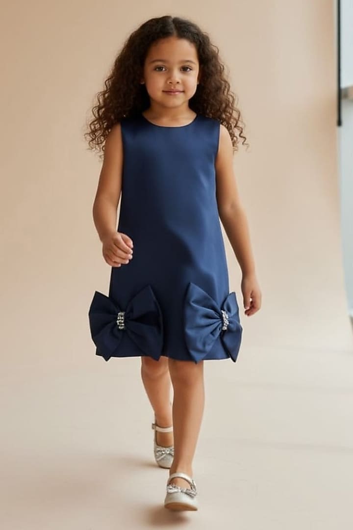 Ice Blue Dutch Satin Crystal Bow Embellished Dress For Girls by Pooja Wang at Pernia's Pop Up Shop