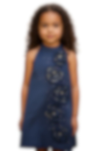 Ice Blue Dutch Satin Crystal Floral Embellished Halter Dress For Girls by Pooja Wang at Pernia's Pop Up Shop