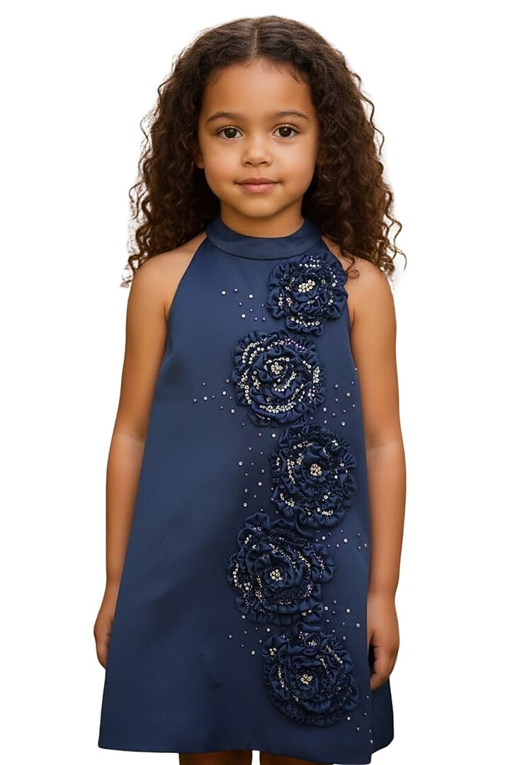 Ice Blue Dutch Satin Crystal Floral Embellished Halter Dress For Girls by Pooja Wang at Pernia's Pop Up Shop