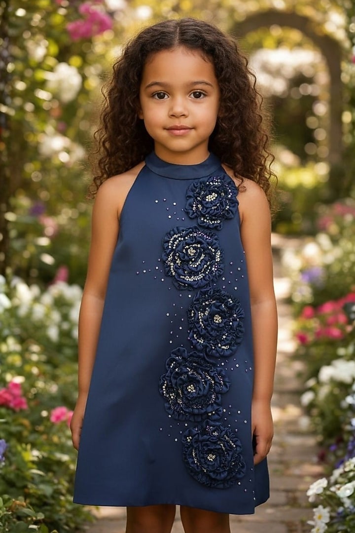 Ice Blue Dutch Satin Crystal Floral Embellished Halter Dress For Girls by Pooja Wang at Pernia's Pop Up Shop