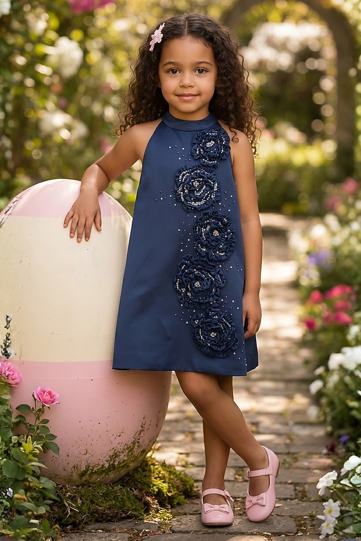Ice Blue Dutch Satin Crystal Floral Embellished Halter Dress For Girls by Pooja Wang at Pernia's Pop Up Shop
