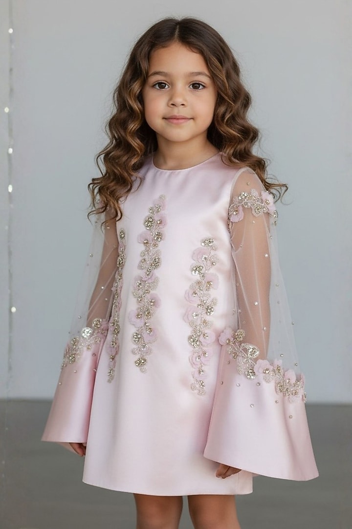 Baby Pink Dutch Satin Pearl & Crystal Embroidered Dress For Girls by Pooja Wang at Pernia's Pop Up Shop