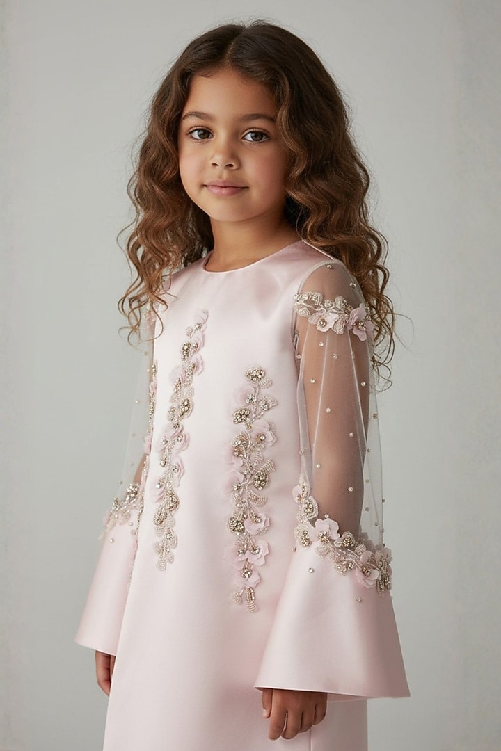 Baby Pink Dutch Satin Pearl & Crystal Embroidered Dress For Girls by Pooja Wang at Pernia's Pop Up Shop