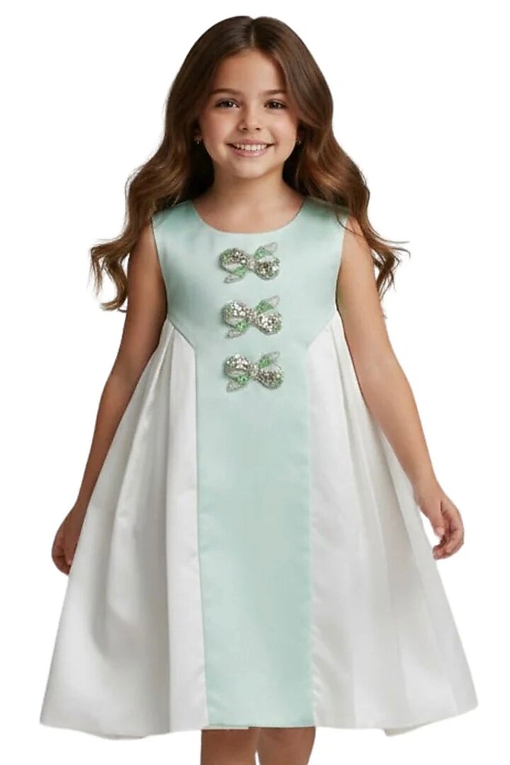 Ice Blue Dutch Satin Sequin Embellished A-Line Dress For Girls by Pooja Wang at Pernia's Pop Up Shop