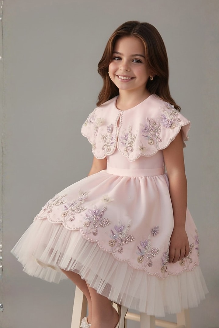 Baby Pink Dutch Satin Butterfly Embroidered Dress For Girls by Pooja Wang at Pernia's Pop Up Shop