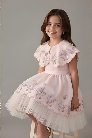 Baby Pink Dutch Satin Butterfly Embroidered Dress For Girls by Pooja Wang