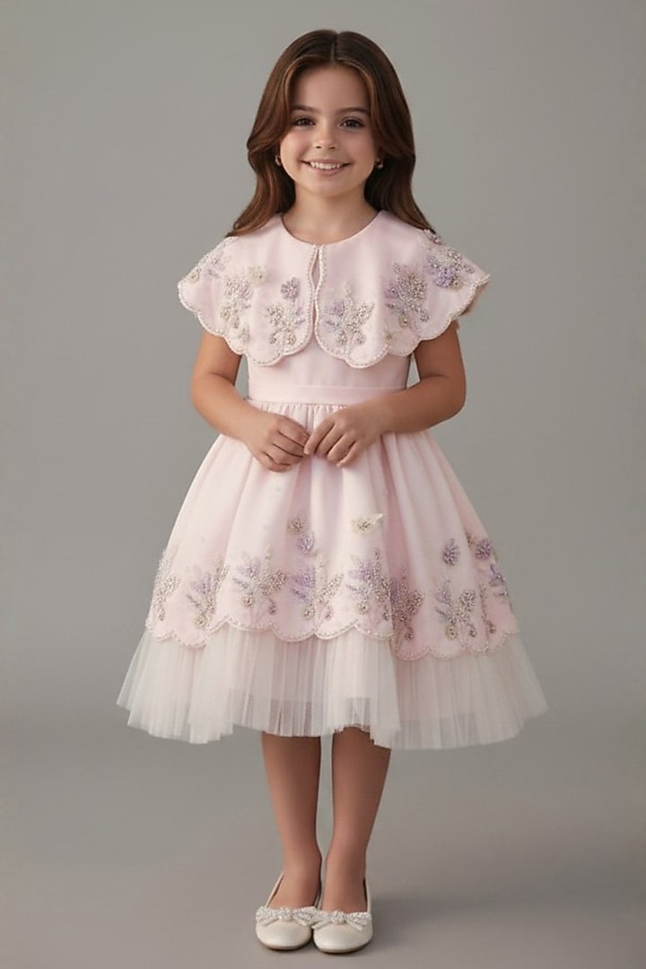Baby Pink Dutch Satin Butterfly Embroidered Dress For Girls by Pooja Wang at Pernia's Pop Up Shop