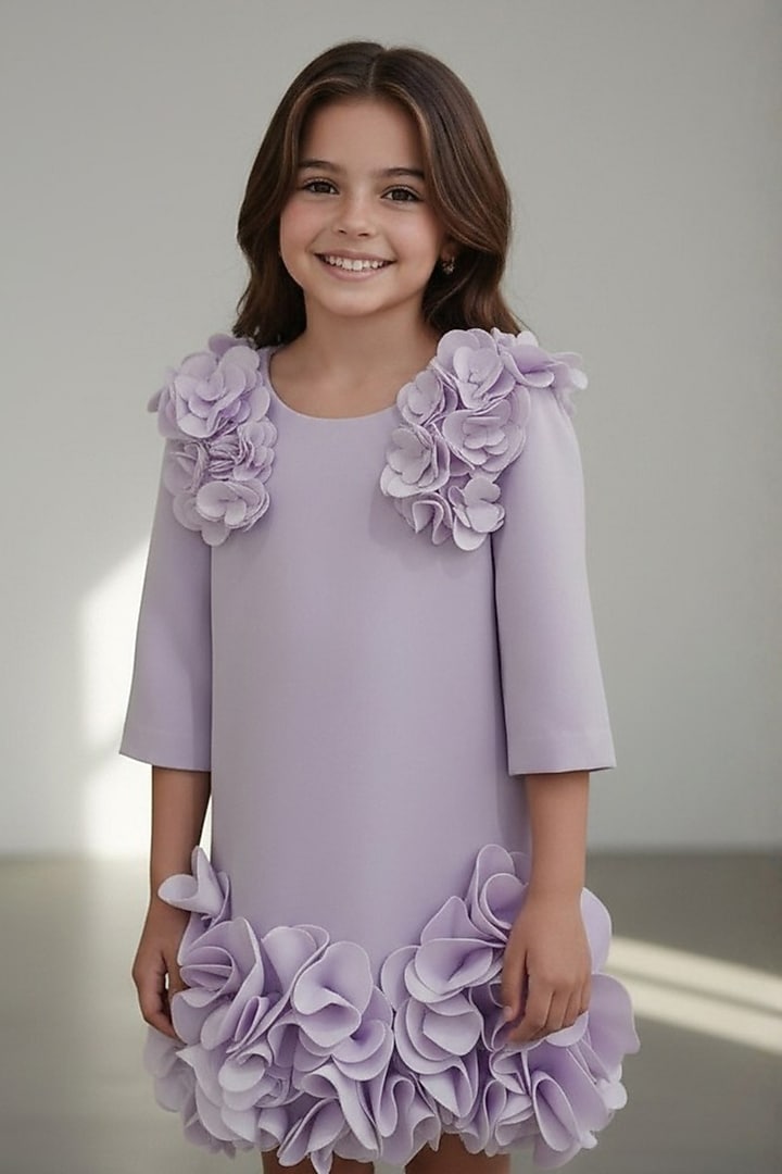 Lavender Dutch Satin Floral Embellished Dress For Girls by Pooja Wang at Pernia's Pop Up Shop
