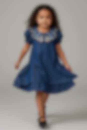 Blue Denim Butterfly Embroidered Dress For Girls by Pooja Wang at Pernia's Pop Up Shop