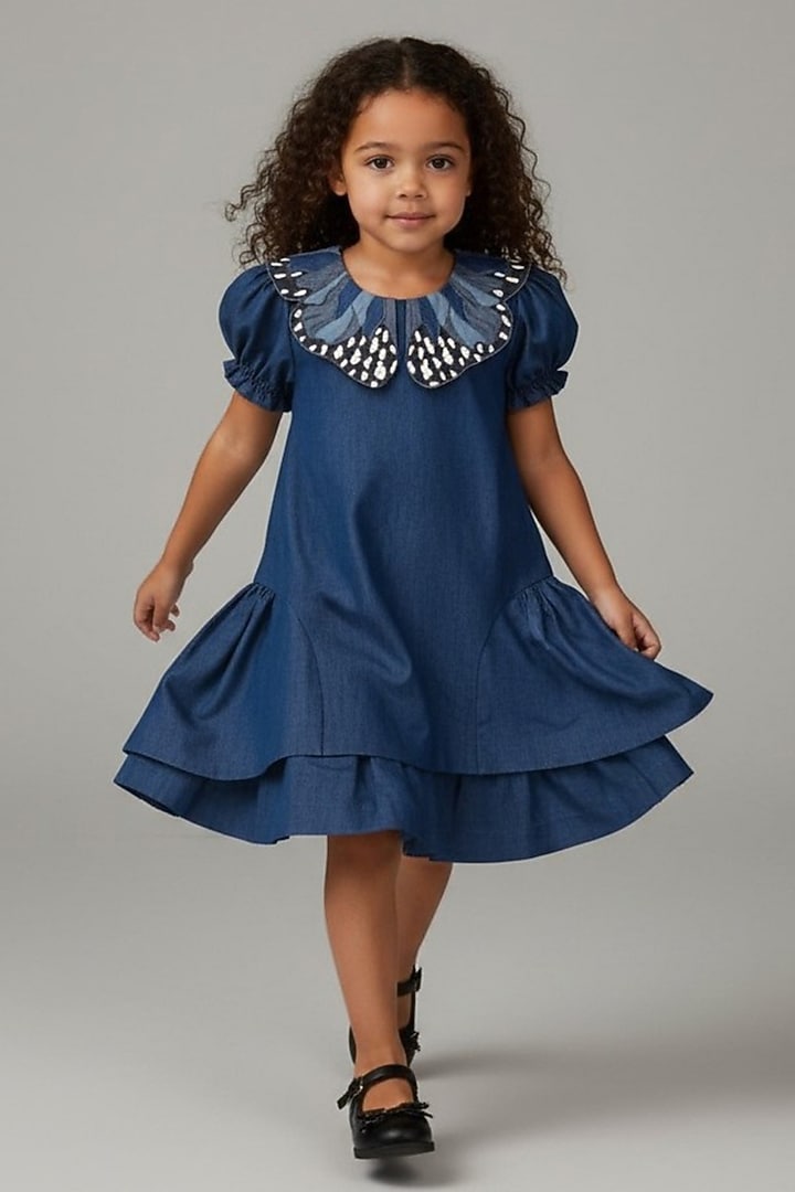 Blue Denim Butterfly Embroidered Dress For Girls by Pooja Wang at Pernia's Pop Up Shop