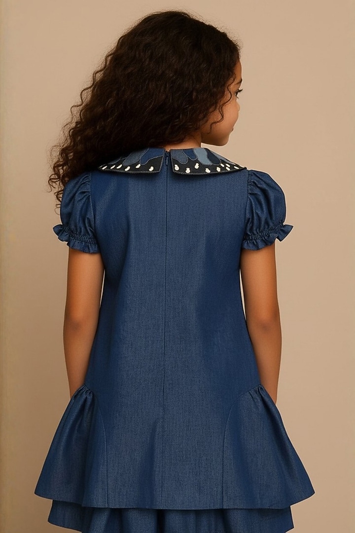 Blue Denim Butterfly Embroidered Dress For Girls by Pooja Wang at Pernia's Pop Up Shop