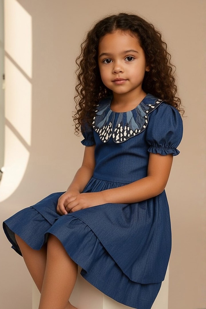 Blue Denim Butterfly Embroidered Dress For Girls by Pooja Wang at Pernia's Pop Up Shop