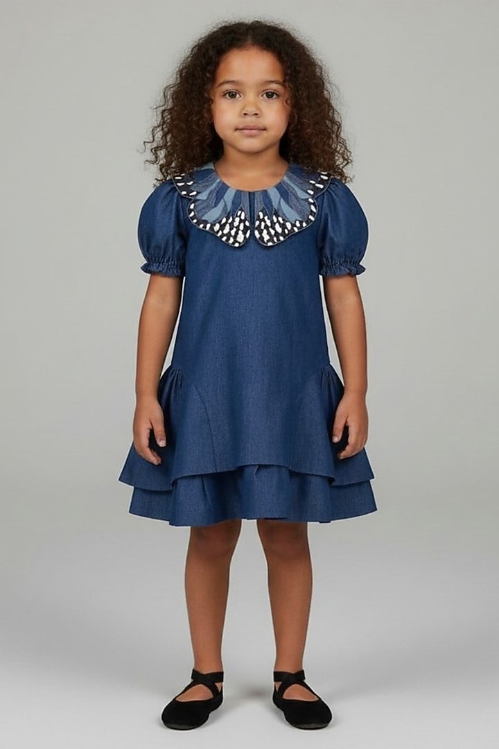Blue Denim Butterfly Embroidered Dress For Girls by Pooja Wang at Pernia's Pop Up Shop