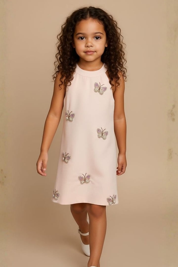 Peach Moss Crystal Butterfly Embellished Halter Dress For Girls by Pooja Wang at Pernia's Pop Up Shop