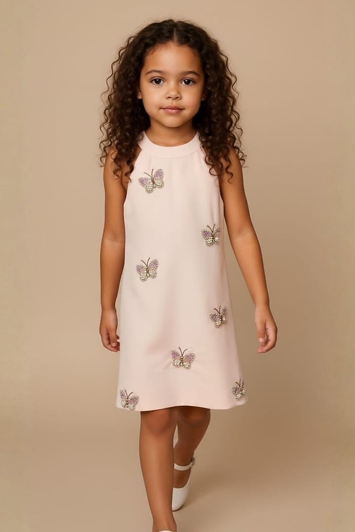 Peach Moss Crystal Butterfly Embellished Halter Dress For Girls by Pooja Wang at Pernia's Pop Up Shop