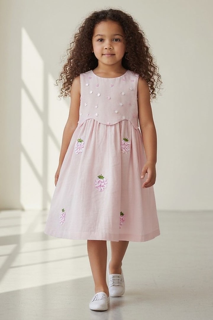 Baby Pink Cotton Sequin Embroidered Dress For Girls by Pooja Wang at Pernia's Pop Up Shop