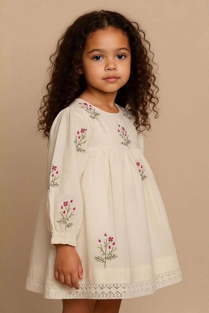 White Cotton Floral Embroidered Dress For Girls by Pooja Wang at Pernia's Pop Up Shop
