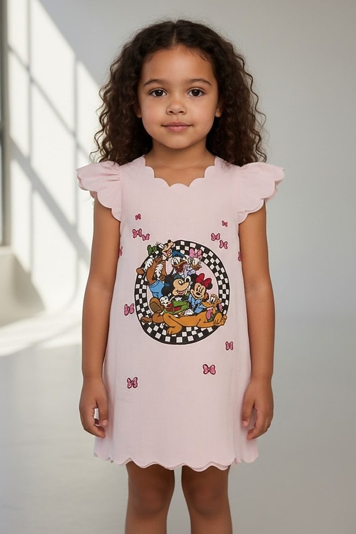 Baby Pink Cotton Hand Printed Dress For Girls by Pooja Wang at Pernia's Pop Up Shop