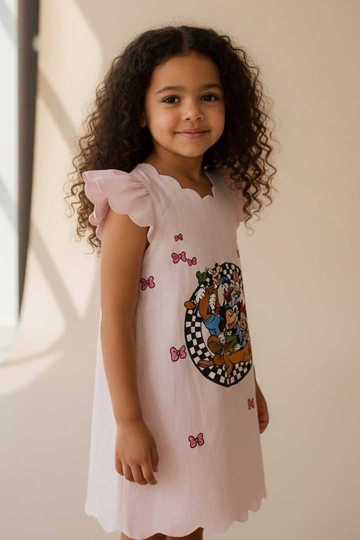 Baby Pink Cotton Hand Printed Dress For Girls by Pooja Wang at Pernia's Pop Up Shop