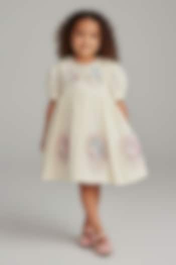 Ivory Cotton Pearl Unicorn Embroidered A-Line Dress For Girls by Pooja Wang at Pernia's Pop Up Shop