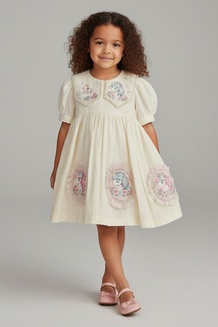 Ivory Cotton Pearl Unicorn Embroidered A-Line Dress For Girls by Pooja Wang at Pernia's Pop Up Shop