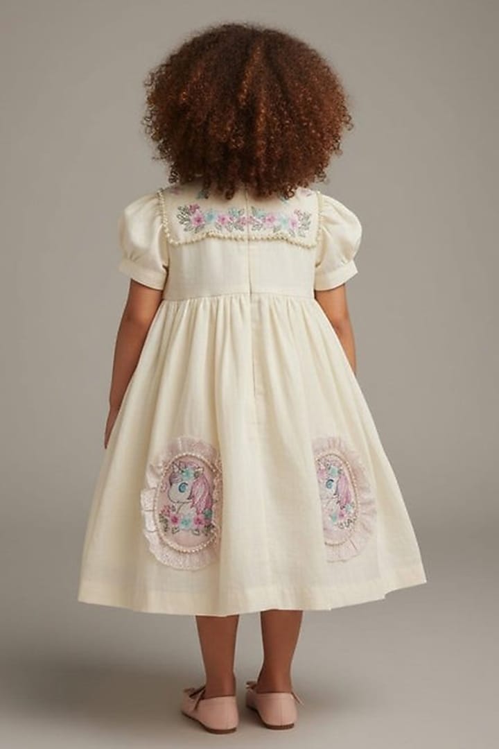 Ivory Cotton Pearl Unicorn Embroidered A-Line Dress For Girls by Pooja Wang at Pernia's Pop Up Shop