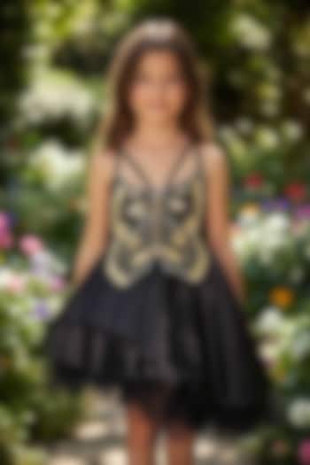 Black Dutch Satin Sequin Butterfly Embroidery Dress For Girls by Pooja Wang at Pernia's Pop Up Shop